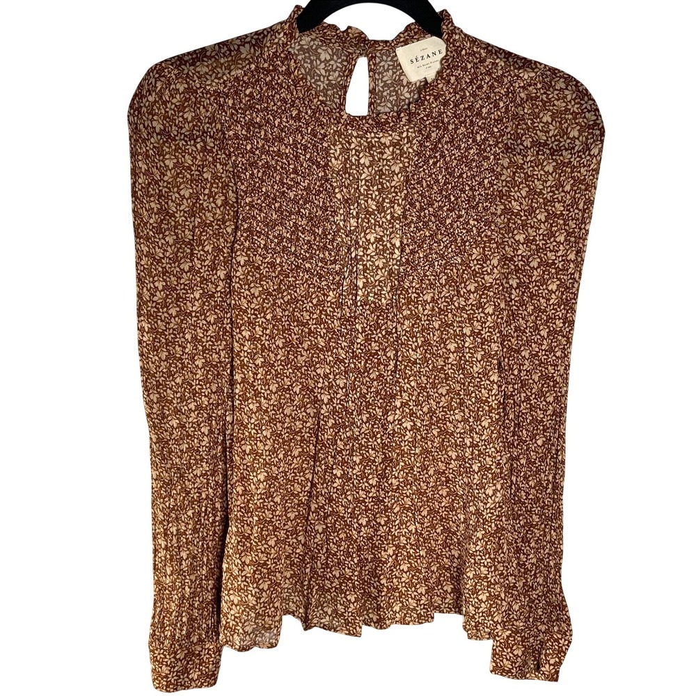 Sezane Womens Smocked Floral Ruffle Neck Blouse Parisian Boho Brown EU 34 XS